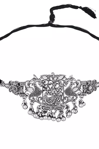 ethnic silver oxidised peacock design ghungroo necklace jewellery set with earrings 