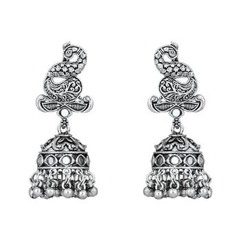 ethnic silver oxidised peacock design ghungroo necklace jewellery set with earrings  4