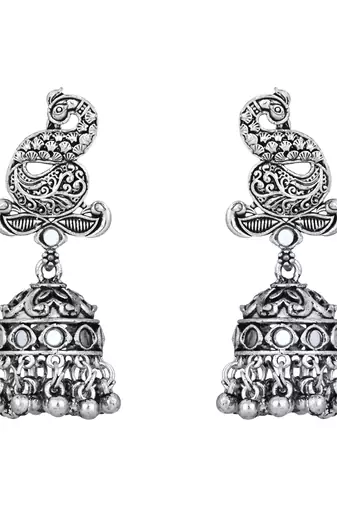 ethnic silver oxidised peacock design ghungroo necklace jewellery set with earrings 