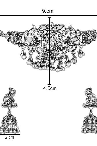 ethnic silver oxidised peacock design ghungroo necklace jewellery set with earrings 