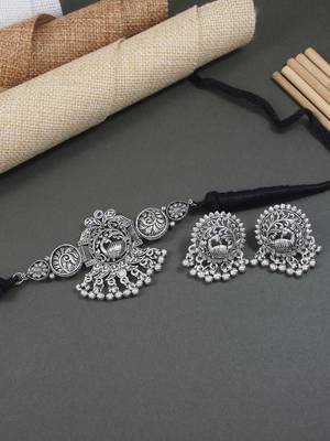 silver oxidised traditional ethnic peacock design choker necklace jewellery set with earrings  1