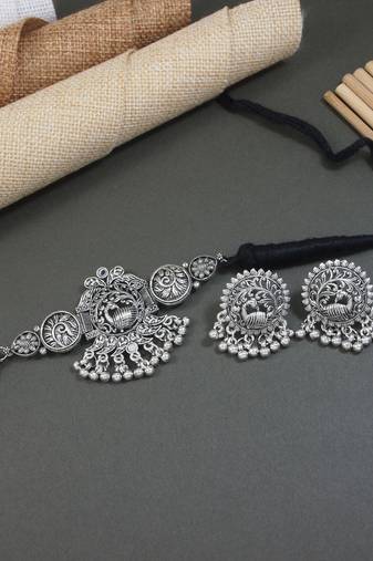 silver oxidised traditional ethnic peacock design choker necklace jewellery set with earrings 