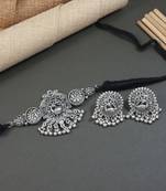 silver oxidised traditional ethnic peacock design choker necklace jewellery set with earrings 