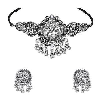 silver oxidised traditional ethnic peacock design choker necklace jewellery set with earrings  2