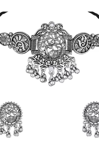 silver oxidised traditional ethnic peacock design choker necklace jewellery set with earrings 