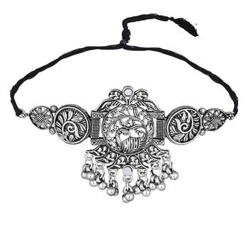 silver oxidised traditional ethnic peacock design choker necklace jewellery set with earrings  3