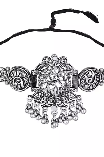 silver oxidised traditional ethnic peacock design choker necklace jewellery set with earrings 