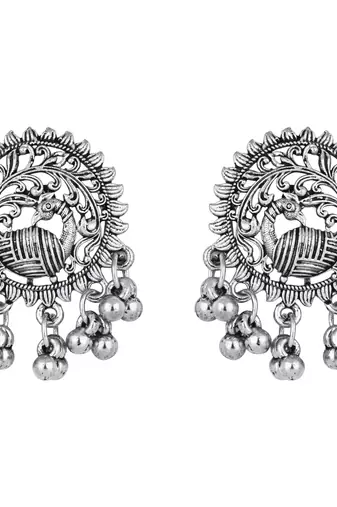 silver oxidised traditional ethnic peacock design choker necklace jewellery set with earrings 