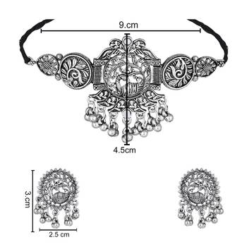silver oxidised traditional ethnic peacock design choker necklace jewellery set with earrings  5