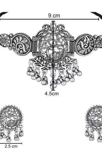 silver oxidised traditional ethnic peacock design choker necklace jewellery set with earrings 