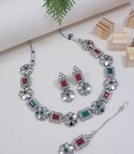 silver plated square shaped floral design necklace jewellery set with earrings 