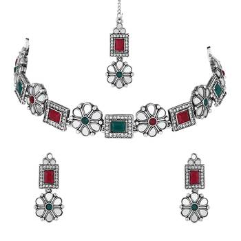 silver plated square shaped floral design necklace jewellery set with earrings  2