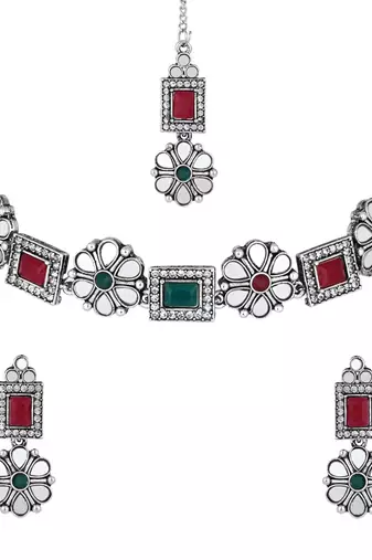silver plated square shaped floral design necklace jewellery set with earrings 