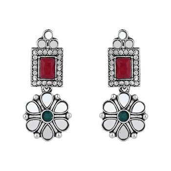 silver plated square shaped floral design necklace jewellery set with earrings  3