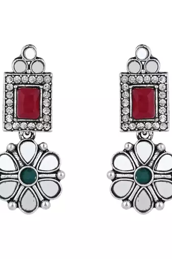 silver plated square shaped floral design necklace jewellery set with earrings 