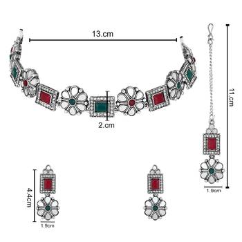 silver plated square shaped floral design necklace jewellery set with earrings  5