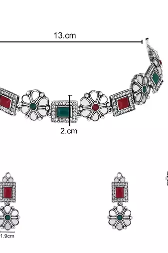 silver plated square shaped floral design necklace jewellery set with earrings 