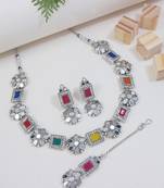 silver plated square shaped floral design necklace jewellery set with earrings 