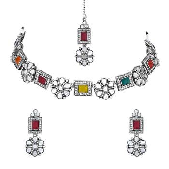 silver plated square shaped floral design necklace jewellery set with earrings  2