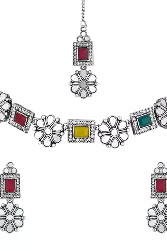 silver plated square shaped floral design necklace jewellery set with earrings 