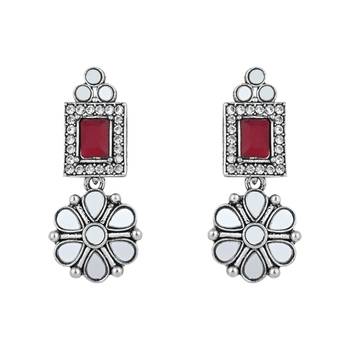 silver plated square shaped floral design necklace jewellery set with earrings  3