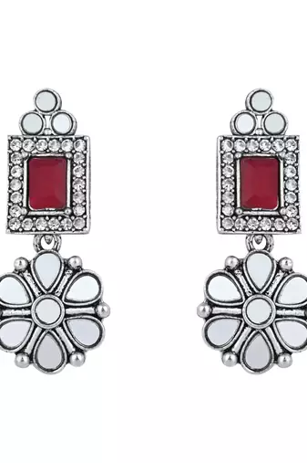 silver plated square shaped floral design necklace jewellery set with earrings 
