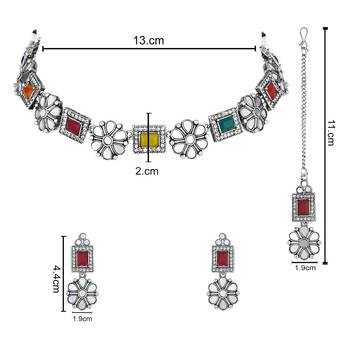 silver plated square shaped floral design necklace jewellery set with earrings  5