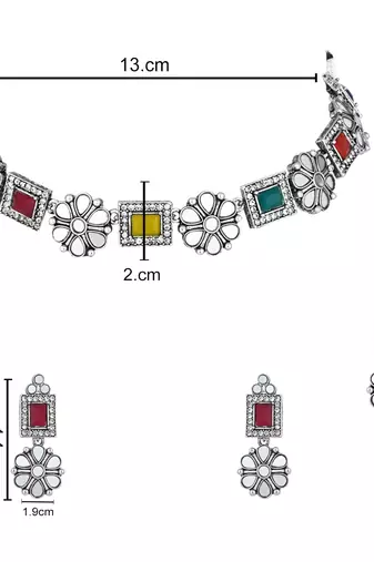 silver plated square shaped floral design necklace jewellery set with earrings 