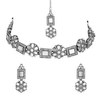 silver plated square shaped floral design necklace jewellery set with earrings  2