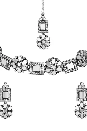 silver plated square shaped floral design necklace jewellery set with earrings 