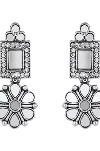 silver plated square shaped floral design necklace jewellery set with earrings 