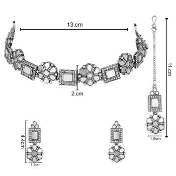 silver plated square shaped floral design necklace jewellery set with earrings  5