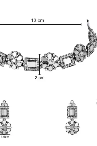 silver plated square shaped floral design necklace jewellery set with earrings 