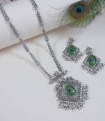 ethnic silver oxidised peacock feather ghungroo long necklace jewellery set for women 