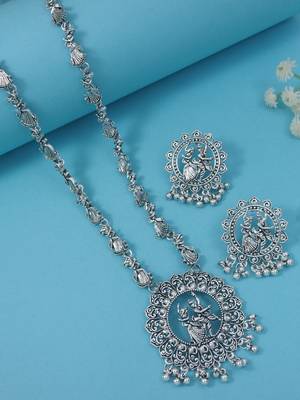 I jewels silver oxidised traditional afghani long necklace jewellery set with earrings  1