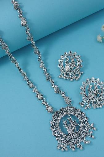 I jewels silver oxidised traditional afghani long necklace jewellery set with earrings 