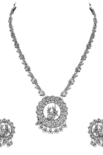 I jewels silver oxidised traditional afghani long necklace jewellery set with earrings 