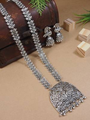 silver oxidised traditional ethnic peacock design long necklace jewellery set with earrings  1