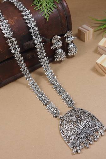 silver oxidised traditional ethnic peacock design long necklace jewellery set with earrings 