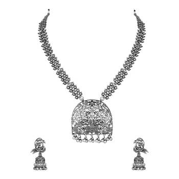silver oxidised traditional ethnic peacock design long necklace jewellery set with earrings  2