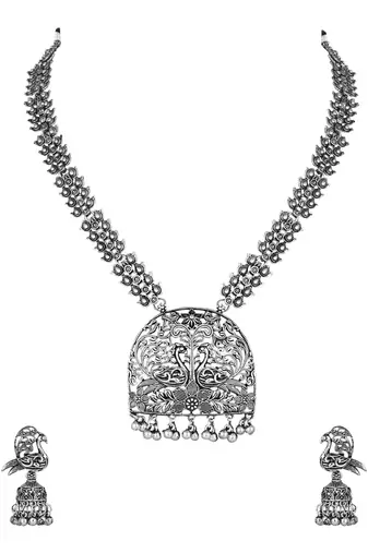 silver oxidised traditional ethnic peacock design long necklace jewellery set with earrings 