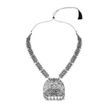 silver oxidised traditional ethnic peacock design long necklace jewellery set with earrings  3