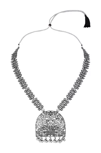 silver oxidised traditional ethnic peacock design long necklace jewellery set with earrings 