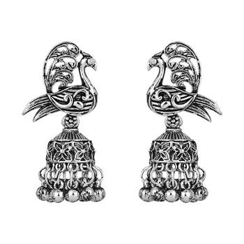 silver oxidised traditional ethnic peacock design long necklace jewellery set with earrings  4