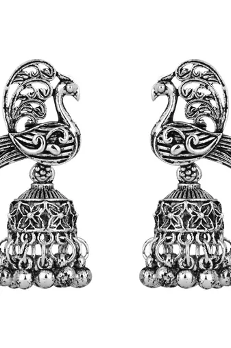silver oxidised traditional ethnic peacock design long necklace jewellery set with earrings 