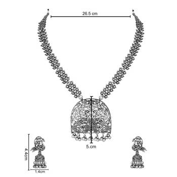 silver oxidised traditional ethnic peacock design long necklace jewellery set with earrings  5