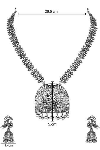 silver oxidised traditional ethnic peacock design long necklace jewellery set with earrings 