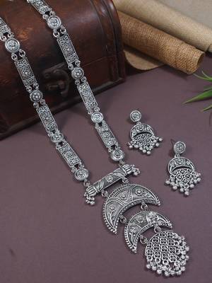 silver oxidised traditional ethnic ghungroo long necklace jewellery set with earrings  1
