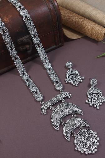 silver oxidised traditional ethnic ghungroo long necklace jewellery set with earrings 