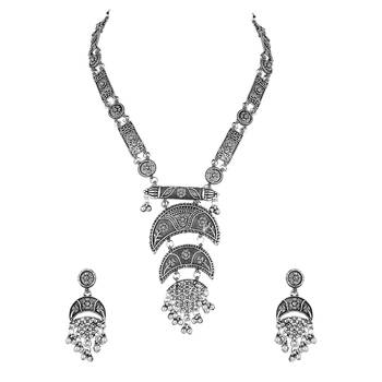 silver oxidised traditional ethnic ghungroo long necklace jewellery set with earrings  2